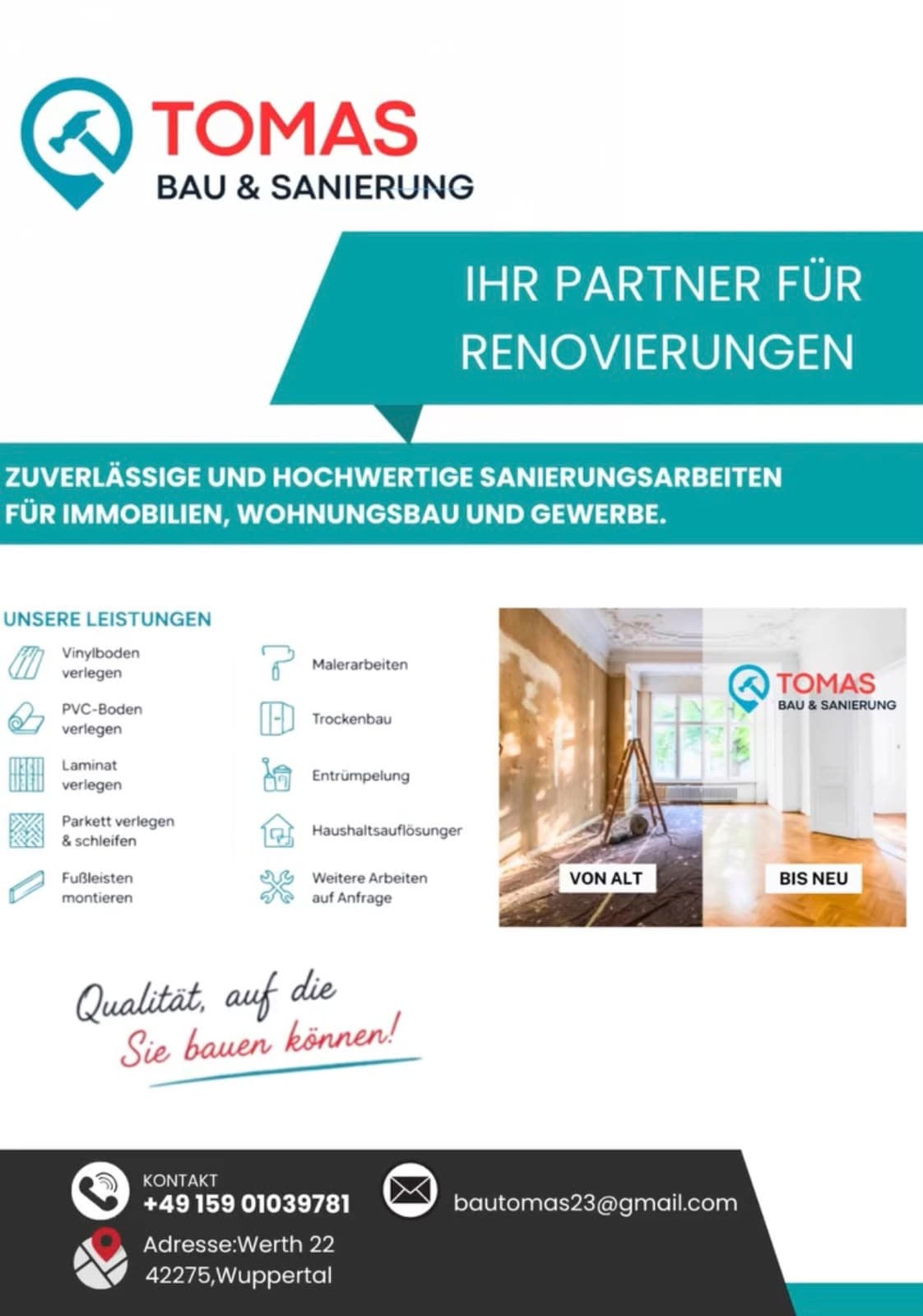 Firmenflyer von Tomas Bau & Sanierung: Renovierungsleistungen, Bodenverlegung, Malerarbeiten, Trockenbau und Kontaktdaten.